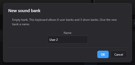 Actual New sound bank dialog with a name field and model capacity information