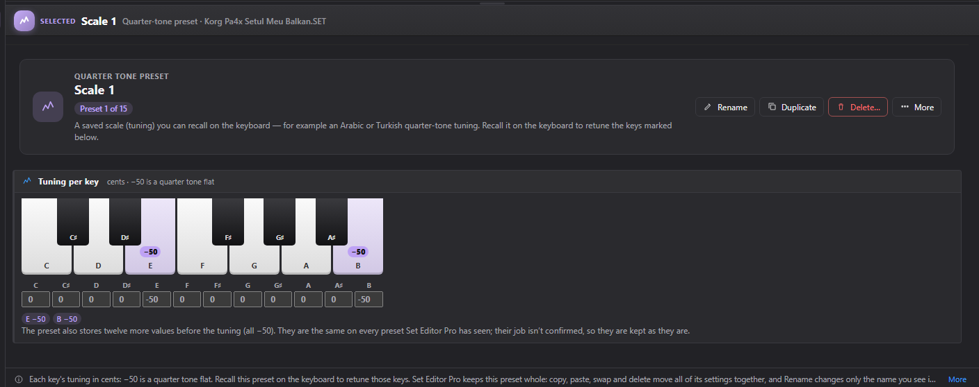 Actual quarter-tone keyboard and per-note tuning controls