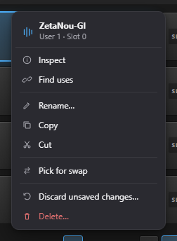 Actual slot menu with inspect, find uses, rename, copy, cut, swap-pick, reset and delete commands