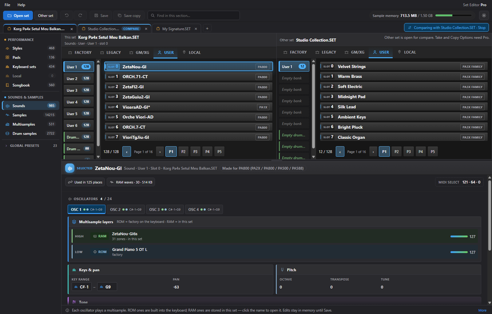 Set Editor Pro comparing sound banks from two open sets